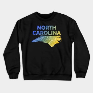 Colorful mandala art map of North Carolina with text in blue and yellow Crewneck Sweatshirt